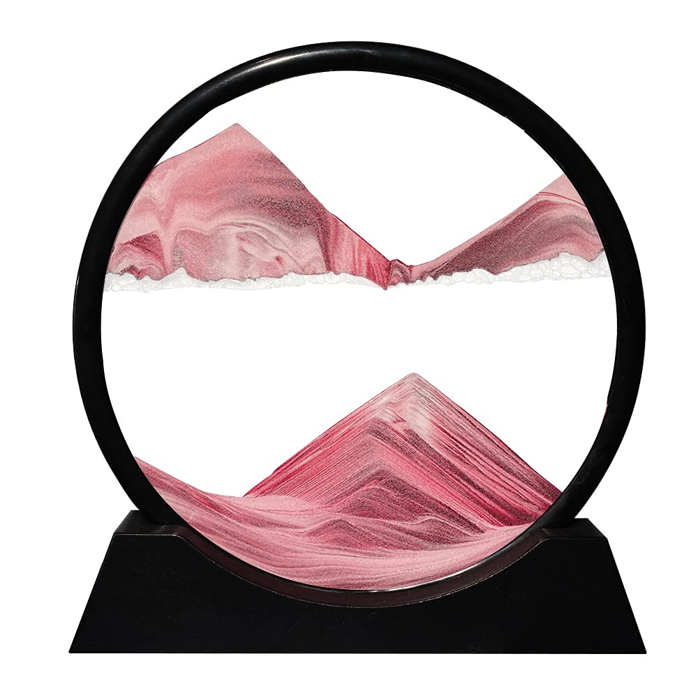 Aoderun Moving Sand Art Picture Round Glass 3D Deep Sea Sandscape in Motion Display Flowing Sand Frame Relaxing Desktop Home Office Work Decor (7", Pink)
