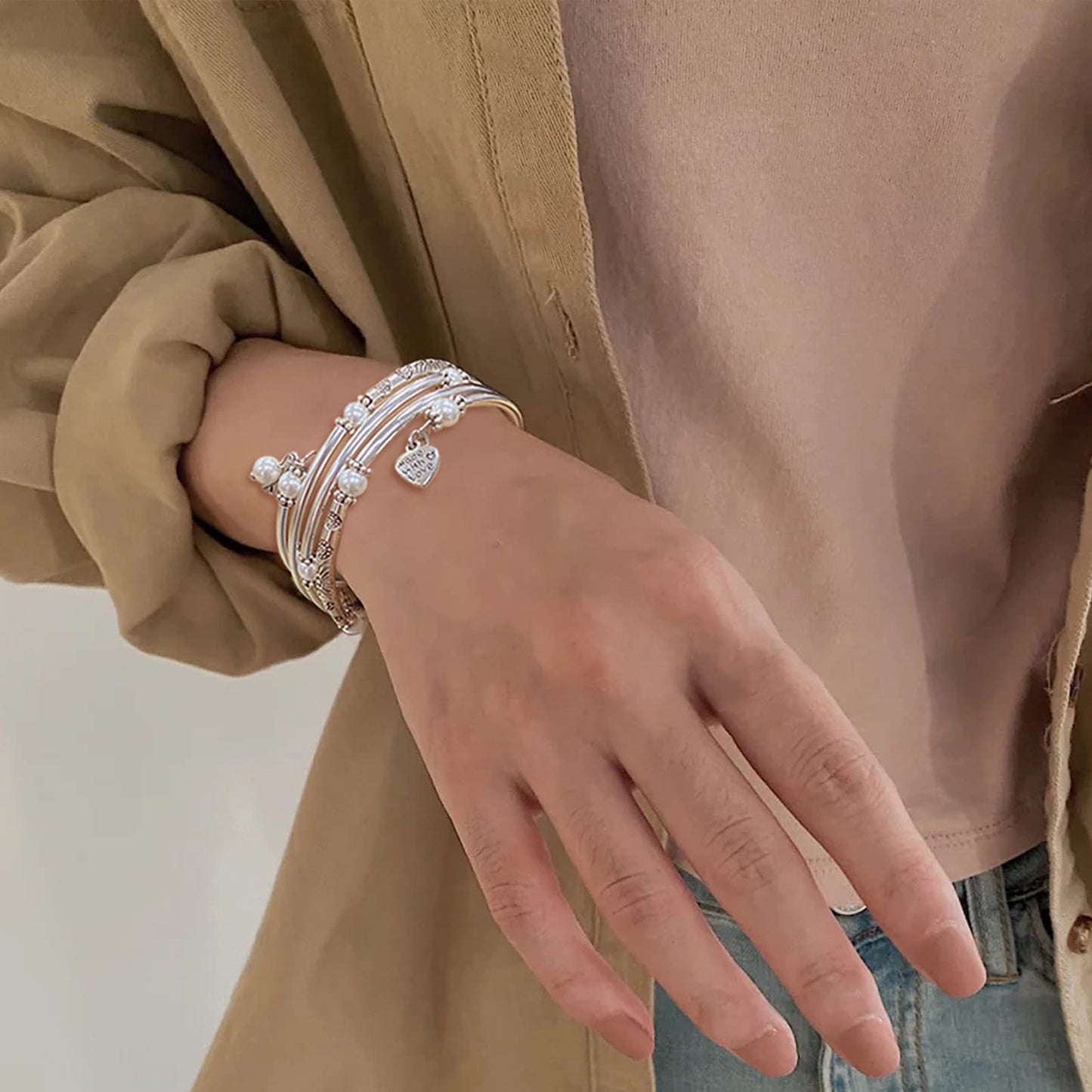 FULU AUTUMN Beaded Bangle Bracelets for Women Silver Wrap Bangles Bracelet Womens Costume Jewelry Fashion Gift(Pearl White)