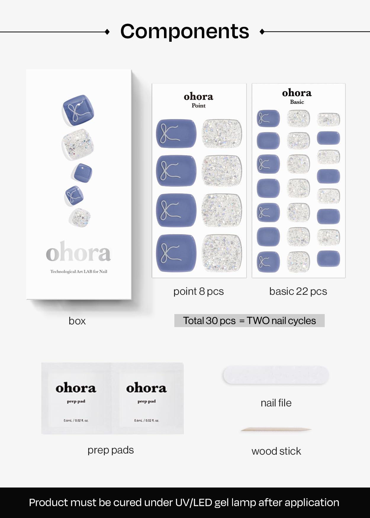 ohora Semi Cured Gel Pedi Strips (P Lavo Dress) - Blue, White, Works with Any UV/LED Lamps, Salon-Quality, Long Lasting, Easy to Apply & Remove - Includes 2 Prep Pads, Nail File & Wooden Stick