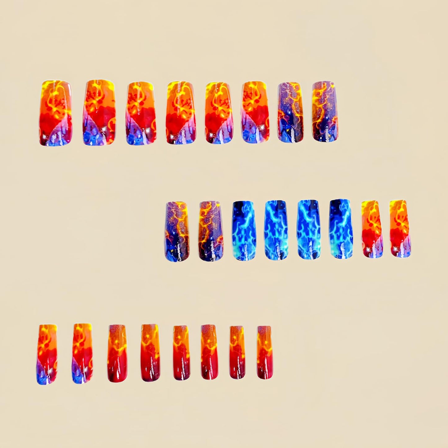 Press On Medium Square Aurora Red and Blue Lightning Design Nails - Full Cover Artificial Acrylic Coffin Nails - Reusable Glue On DIY Stick On for Women - 24Pcs
