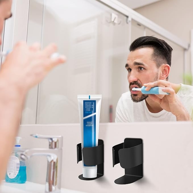 Electric Toothbrush Holder Wall Mount, 304 Stainless Steel Self-Adhesive Bathroom Organizer for Electric Toothbrush, Toothpaste & Face Wash–Space Saving, Waterproof, Holds Up to 10lbs (2 Pack, Black)
