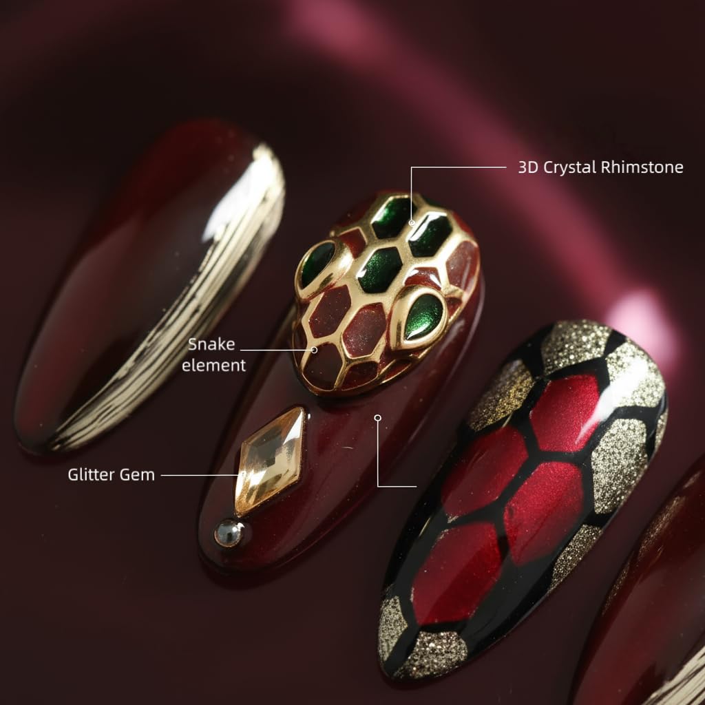 Tesytto Dark Red Press on Nails Medium Almond - Luxury 3D Snake Charm Handmade Design, Gothic Rhinestone Glossy Reusable Fake Nails (Red Flame,M)