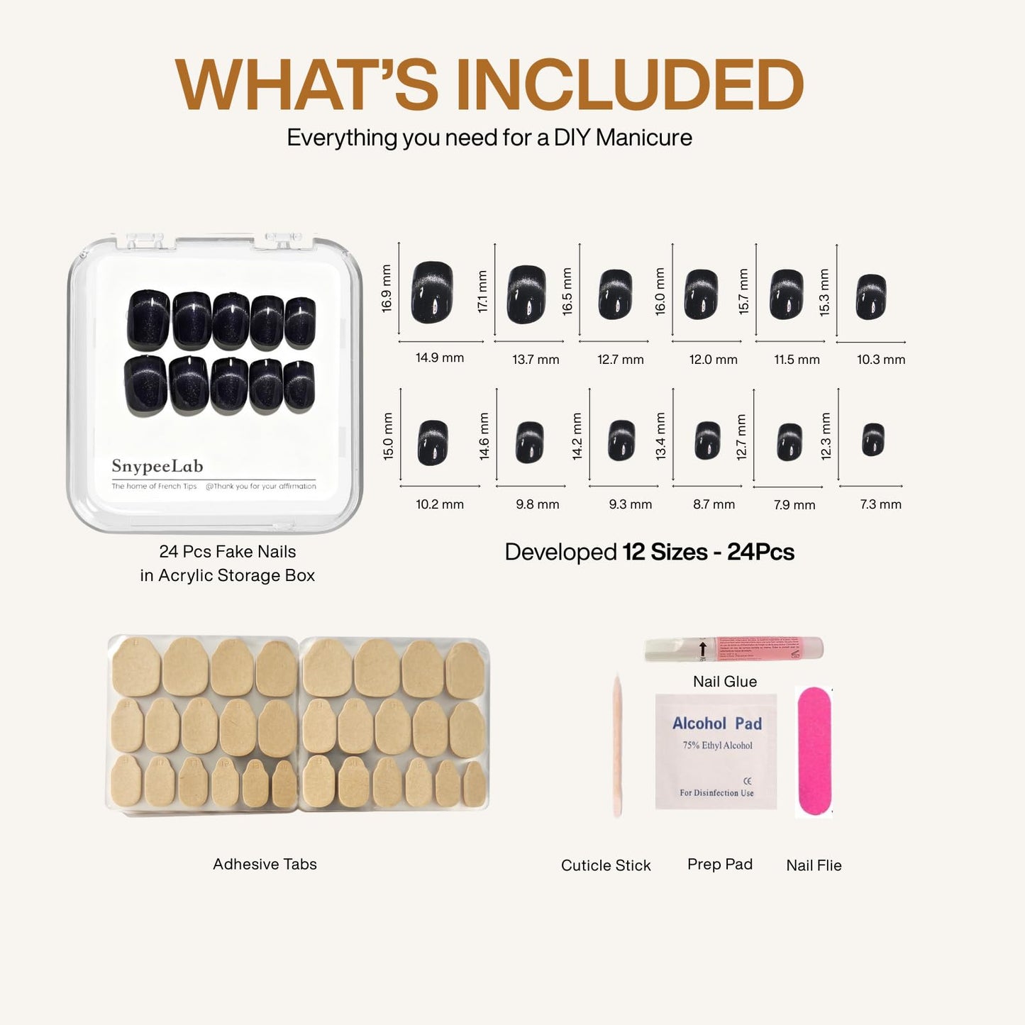 SnypeeLab Black Cat Eye Press on Nails Short Square, French Tip Short Square Glue on Nails for Women Gift, Reusable Soft Gel Press on Acrylic Nail with Designs 24Pcs(Black Silver)