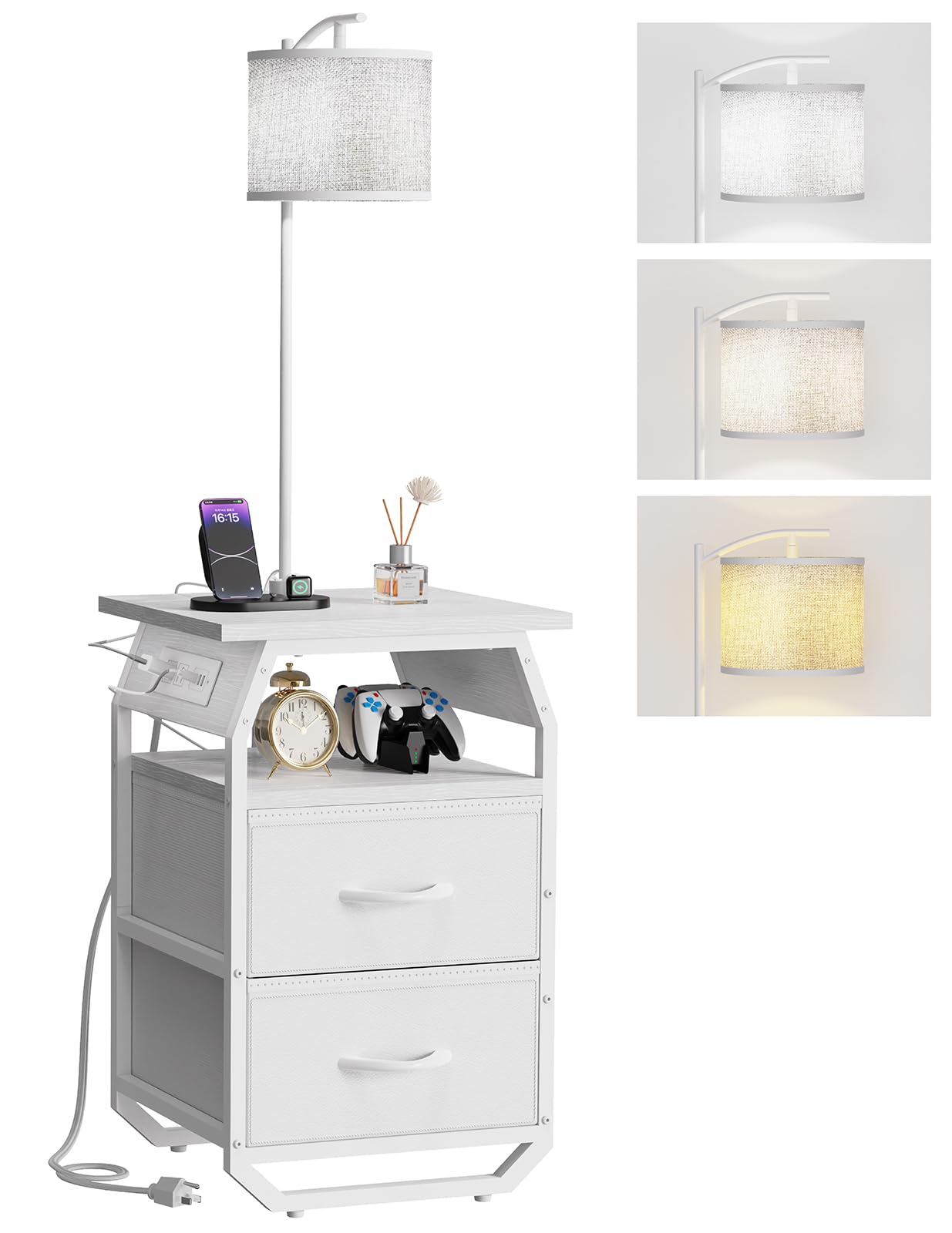 runjuly Floor Lamp with Table, End Tables with Lamps Attached 3-Color Temperature Bulb, Side Table with Lamp with 2 Drawers & Charging, Lamps Tables Combo for Bedroom, Dorm, Apartment - White