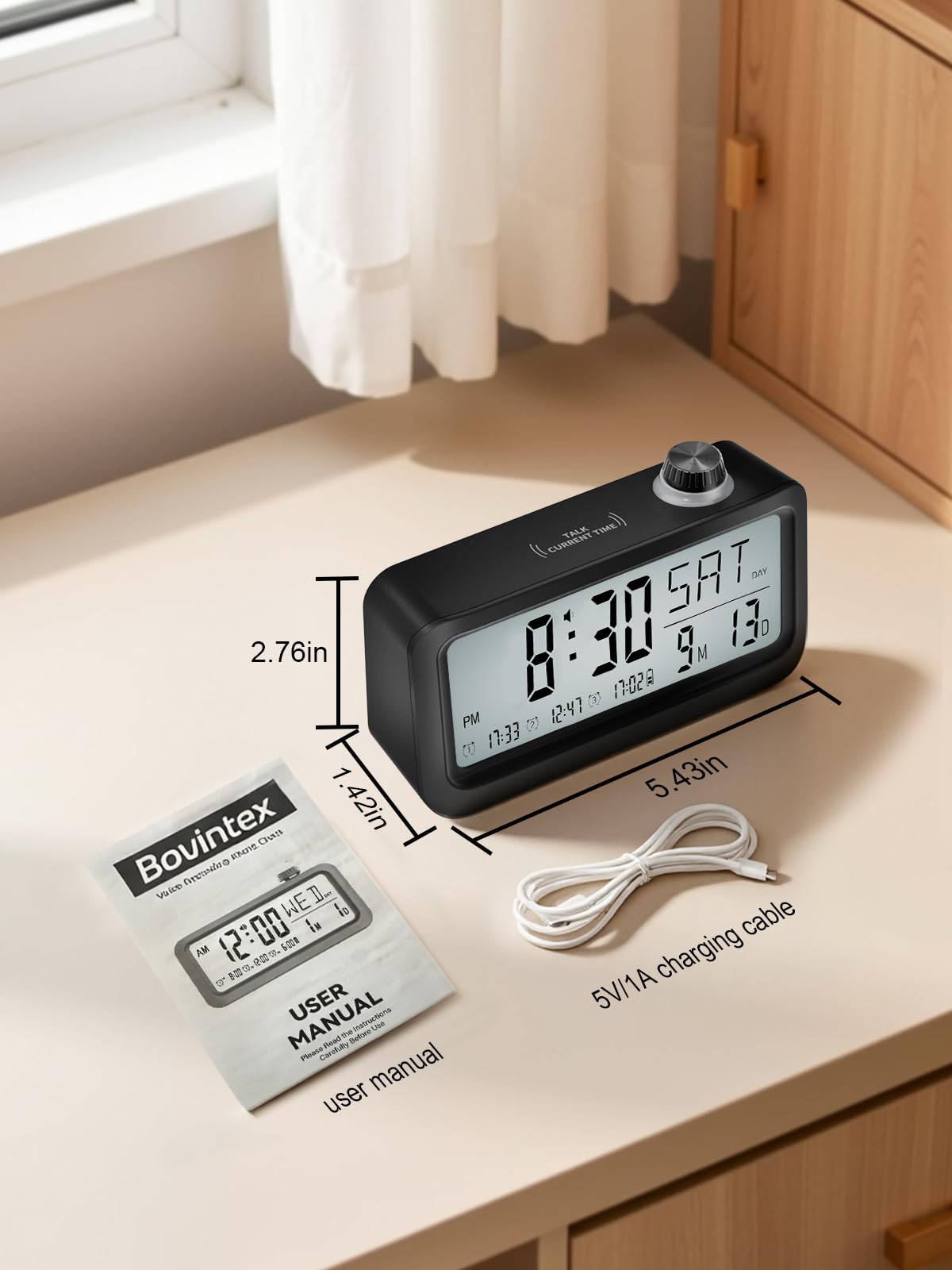 Bovintex Medication Pill Reminder, Rechargeable Talking Alarm Clock with 3 Custom Voice Recording Alarms, Touch-to-Talk, a Digital Alarm Clocks Gift for Mom/Dad/Seniors/Elderly(Black)