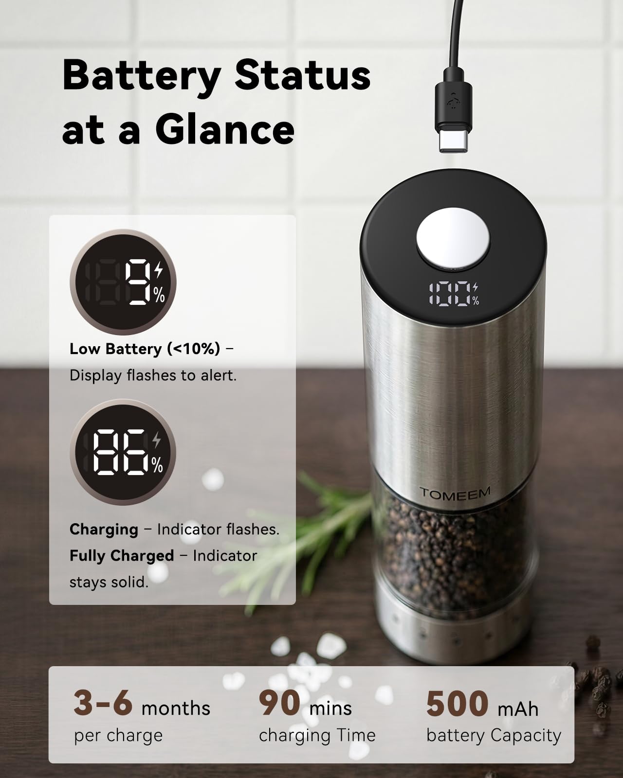 TOMEEM Rechargeable Electric Salt and Pepper Grinder Set, 115ml Large Capacity Stainless Steel Automatic Pepper Mill with Storage Base, LED Display and Light, 5 Adjustable Grind Settings