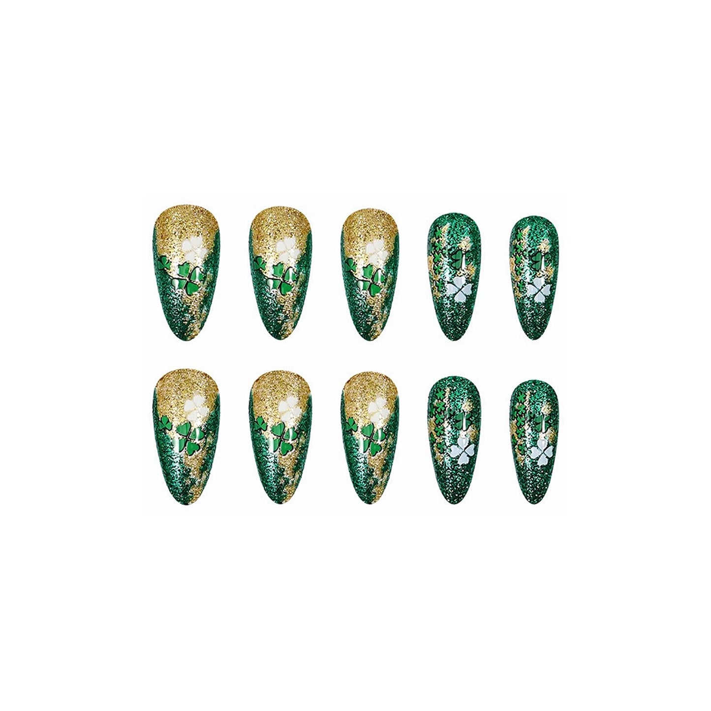 MISUD Press on Nails - Medium Almond Fake Nails with Shamrock, Acrylic Bling Green Gold Glitter Design 24 pcs
