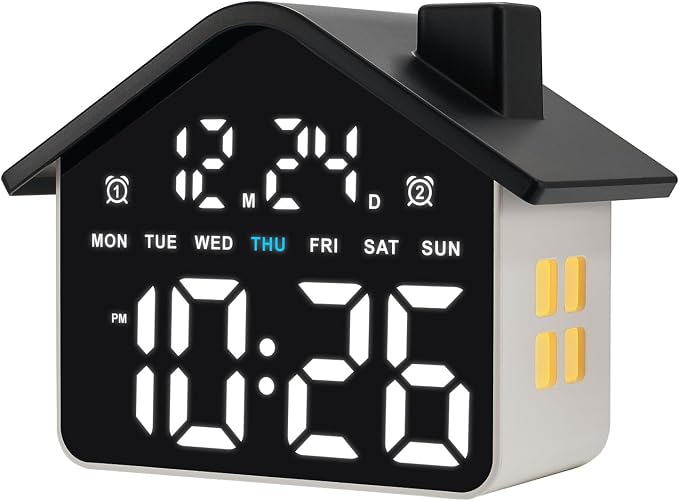 Plumeet Digital Alarm Clock, Bedroom Clock with Large Numbers, Date, Week, Dual Alarms, Dimmer and Ambient Light, House-Shaped Electric Bedside Desk Clock, Adapter Batteries Powered, Black