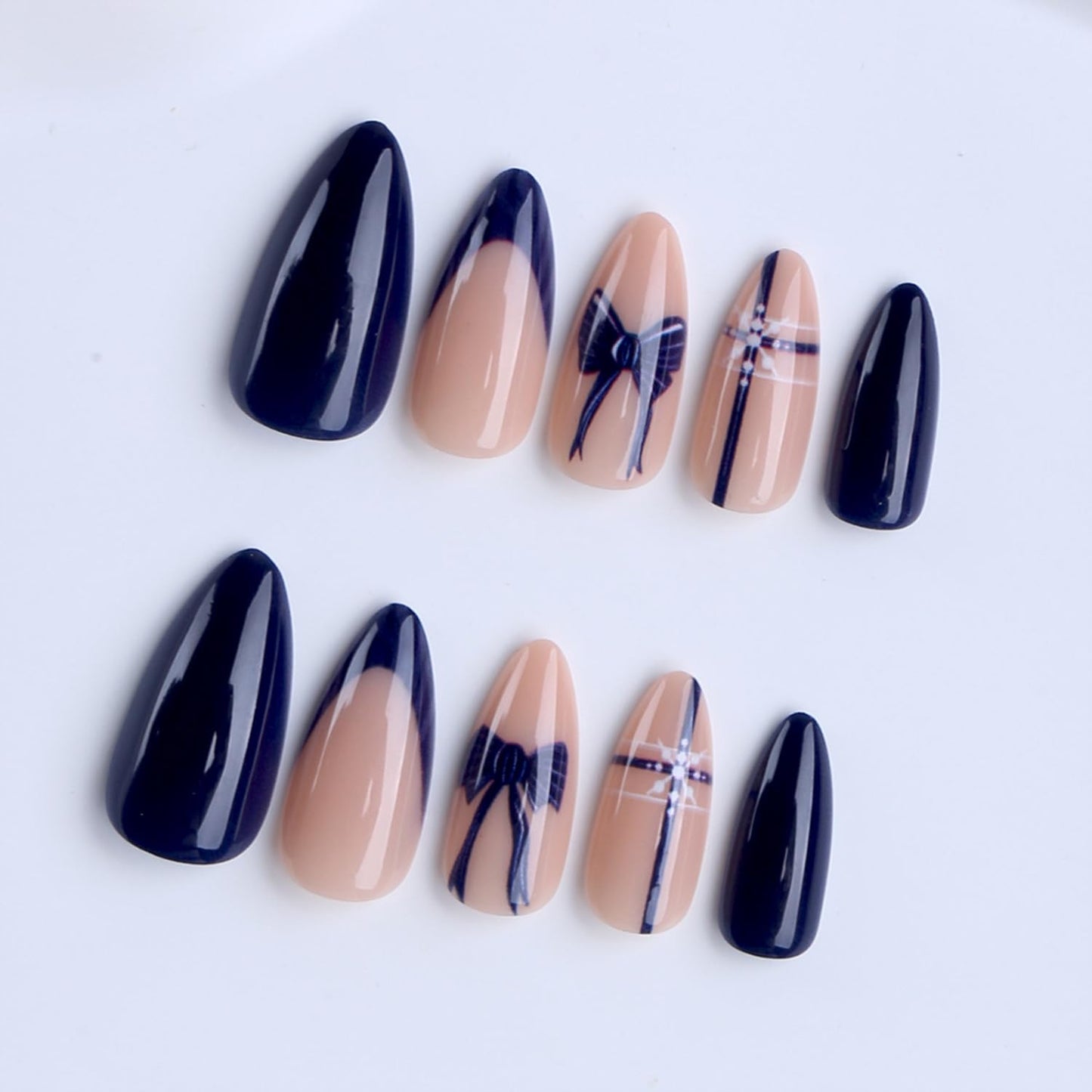 Navy Blue Press on Nails Short Almond Fake Nails with Bow Designs French Tip Fale Nails Glossy Full Cover Glue on Nails Snowflake Nails Press ons for Women Holiday DIY Nail Art Decor