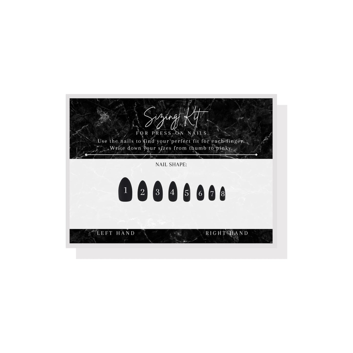 Boutique Marketing LLC Press On Nail Sizing Card | Physical Printed 5x7inch inch Large Postcard | Press-On Nail Supplies | Black Marble Design
