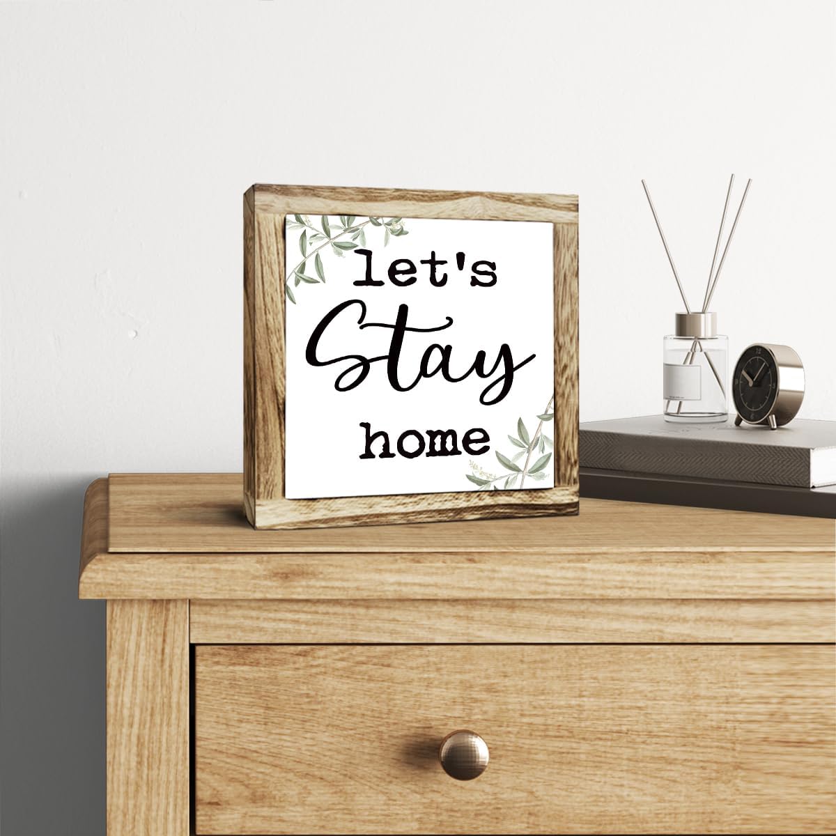 Rustic Wooden “Let’s Stay Home” Sign – Wooden Plaques Sign Table Decor, Shelf or Desk Decor, Farmhouse Living Room and Family Room Decoration, Cozy Home Accent and Housewarming Gift