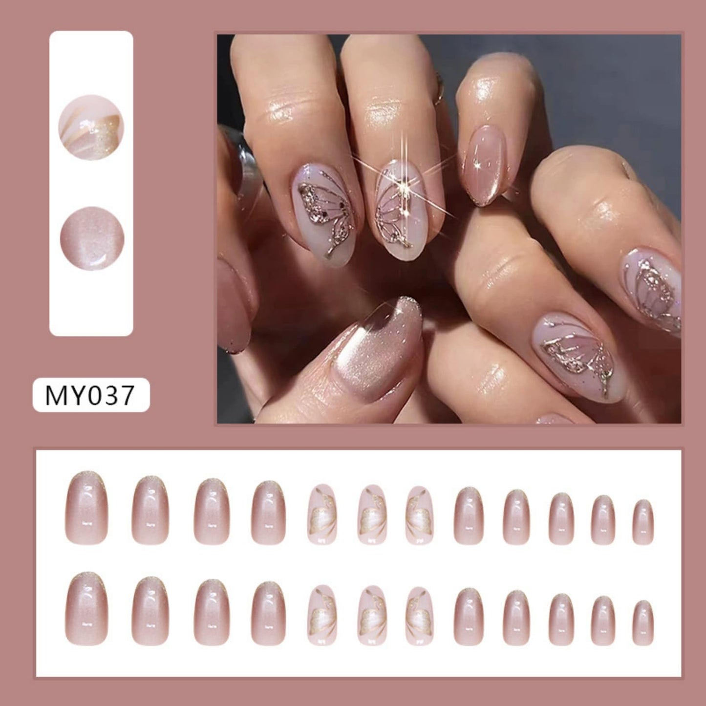 Short Almond Press on Nails Sparkly Butterfly Fake Nails Nude Pink with Butterfly Glitter Design Glossy Full Cover Acrylic Nails Reusable Stick on Nails Glossy Artificial Nails for Women