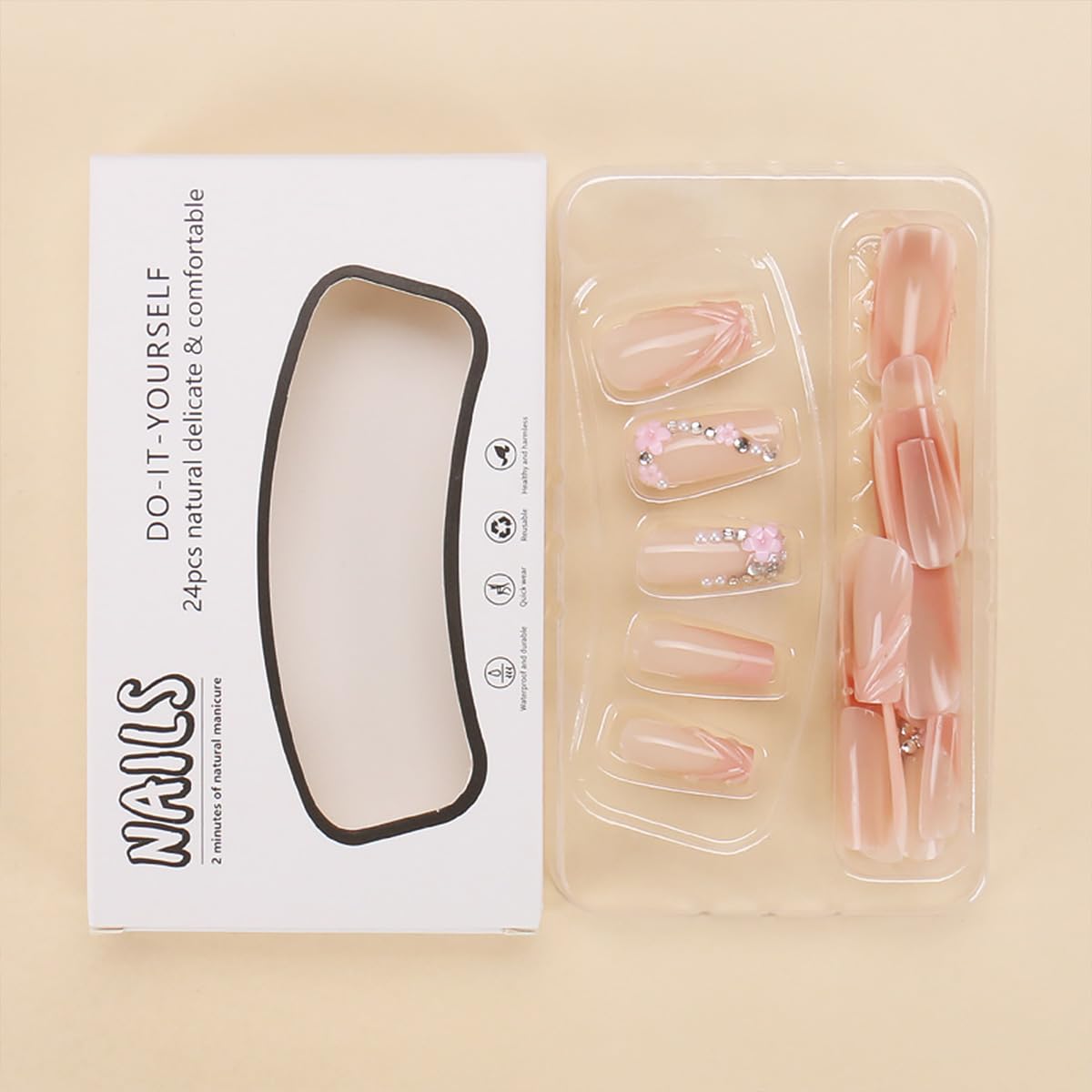 24Pcs Pink French Tip Press on Nails Medium Square Fake Nails Flower Nail Tips with Glitter Rhinestones Design Nude Full Cover Artificial Glue on Nails Cute False Nails Stick on Nails for Women DIY