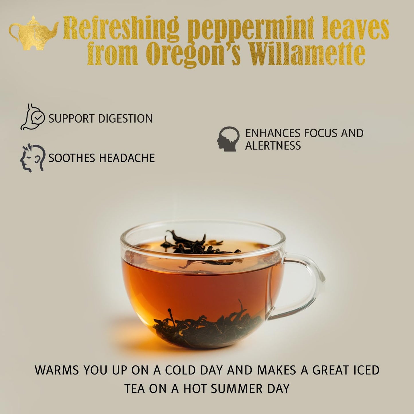 Willamette Peppermint Tea, Organic Loose Leaf Mint Herbal Tea – Soothing, Caffeine-Free – Refreshing Hot or Iced – 4 oz Resealable Bag (Makes 50 Cups) – The Elegant Elephant