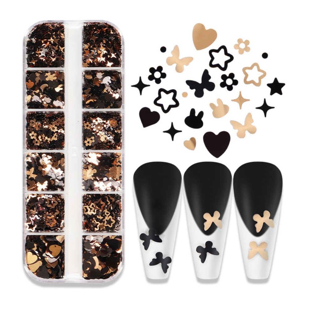 Black Gold Nail Glitter Cute Butterfly Nail Sequins 3D Hearts Nail Flakes Sparkling Flower Glitter Flakes Mixed Shape Star Nail Art Glitter Shiny Nail Sequins Glitter for Nails Art 1 Box 12Grids