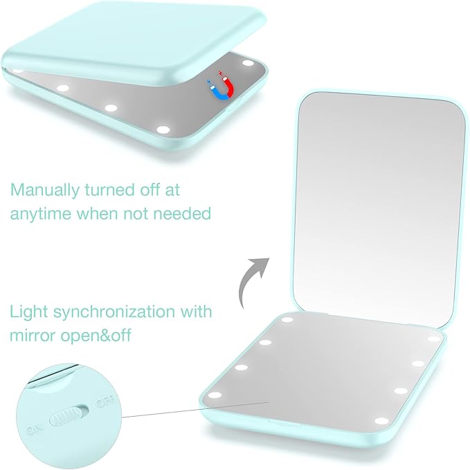 WOBSION Small Mirror with Lights,LED Compact Makeup Mirror,1x/3x Mini Travel Mirror with Magnification,Portable for Purse,Pocket,Gifts for Girls,Cyan