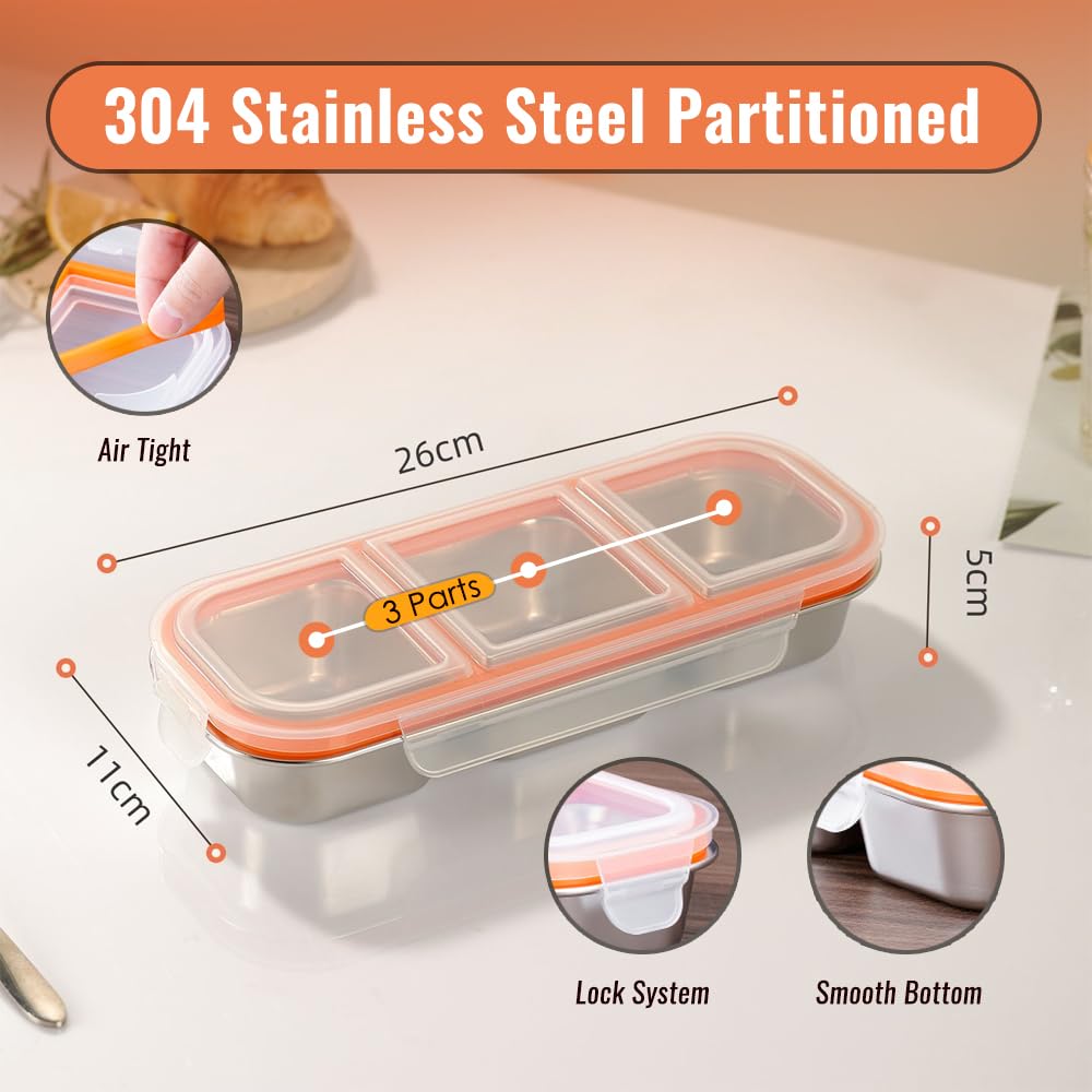 FLEXARO Set of 3 Pack Stainless Steel Snack Container,3 Compartment Bento Lunch Box with Leakproof Grey & Orange Lid,Reusable Metal Food Storage Container,Portable Snack Box for Work,1.5 lb Capacity