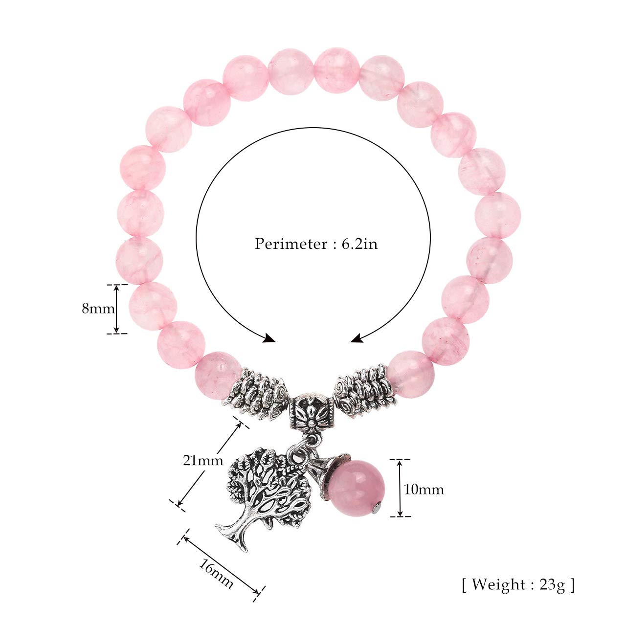 Jovivi 8MM Natural Rose Quartz Gemstone Beads Healing Crystal Stone Point Life Tree Lucky Charm Stretch Bracelet for Women Jewelry