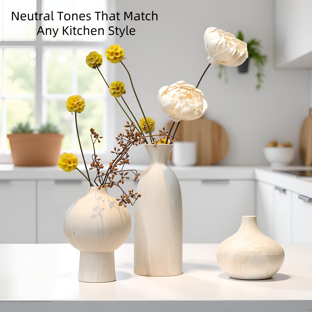 SincereLuxe White Ceramic Vase Set of 3 in Beige, Modern Aesthetic Stone-Look Textured Pottery Vases for Shelf & Bookshelf Home Decor, Neutral Minimalist Decorative Vases for Flowers & Pampas Grass