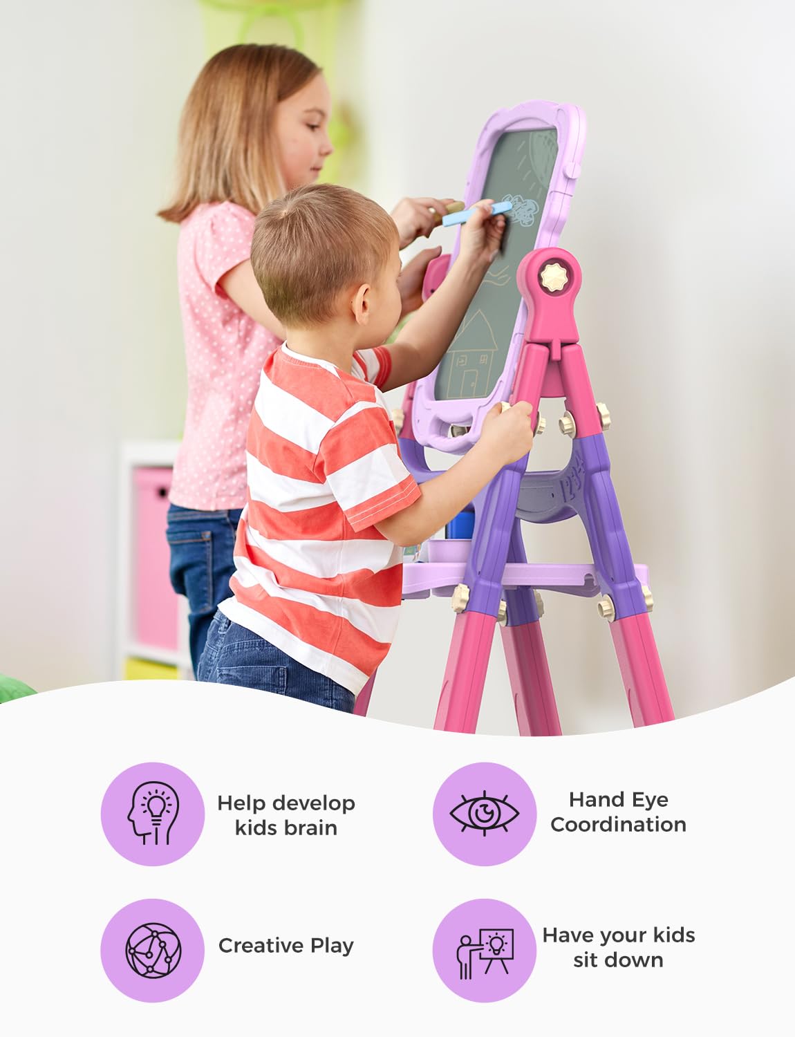 YOHOOLYO Kids Easel Standing Art Easel for Kids, Double Sided Children Pink Purple Easel Magnetic Chalkboard Whiteboard Dry Eraser Board Great Gift for Girls