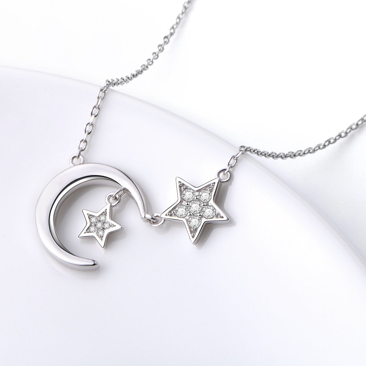 Ladytree S925 Sterling Silver Bling CZ Crescent Moon Star Jewelry Pendant Necklace,Rolo Chain,18+2"