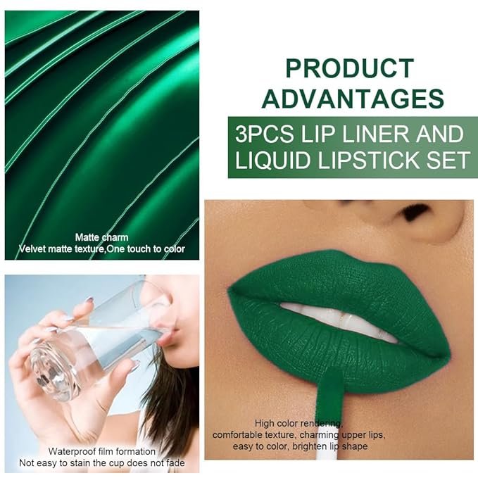 3Pcs 2 in 1 Green Matte Shimmer Lip Liner and Liquid Lipstick Stain Makeup Set for women, Long Lasting Smudge Proof Lip Tint Matte Finish Lip Gloss for All-Day Color Hold Easy to Use, Set25