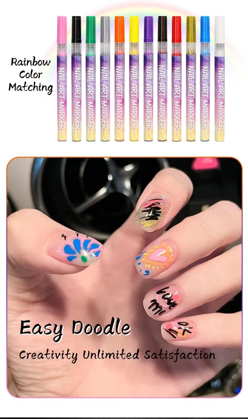 12 Waterproof Nail Art Pen set. Fast-Drying Non-Toxic 0.5mm Needle Tip Nail Polish Pens. Nail Paint Graffiti Dotting Pen for DIY Nail design