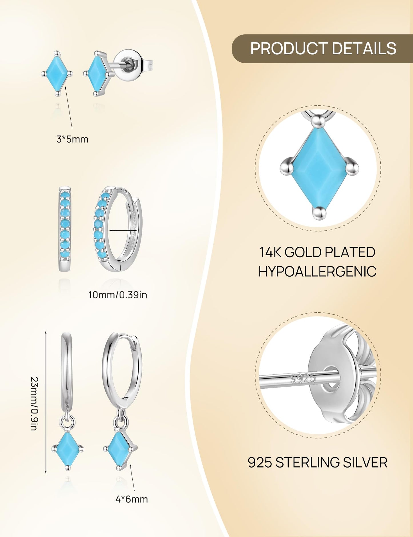 3 Pairs Silver Turquoise Earrings Set for Women, Dainty Sterling Silver Hypoallergenic Turquoise Dangle Hoop Earring, Trendy Small Silvers Earring Stack, Western Earrings Turquoise Jewelry Gifts