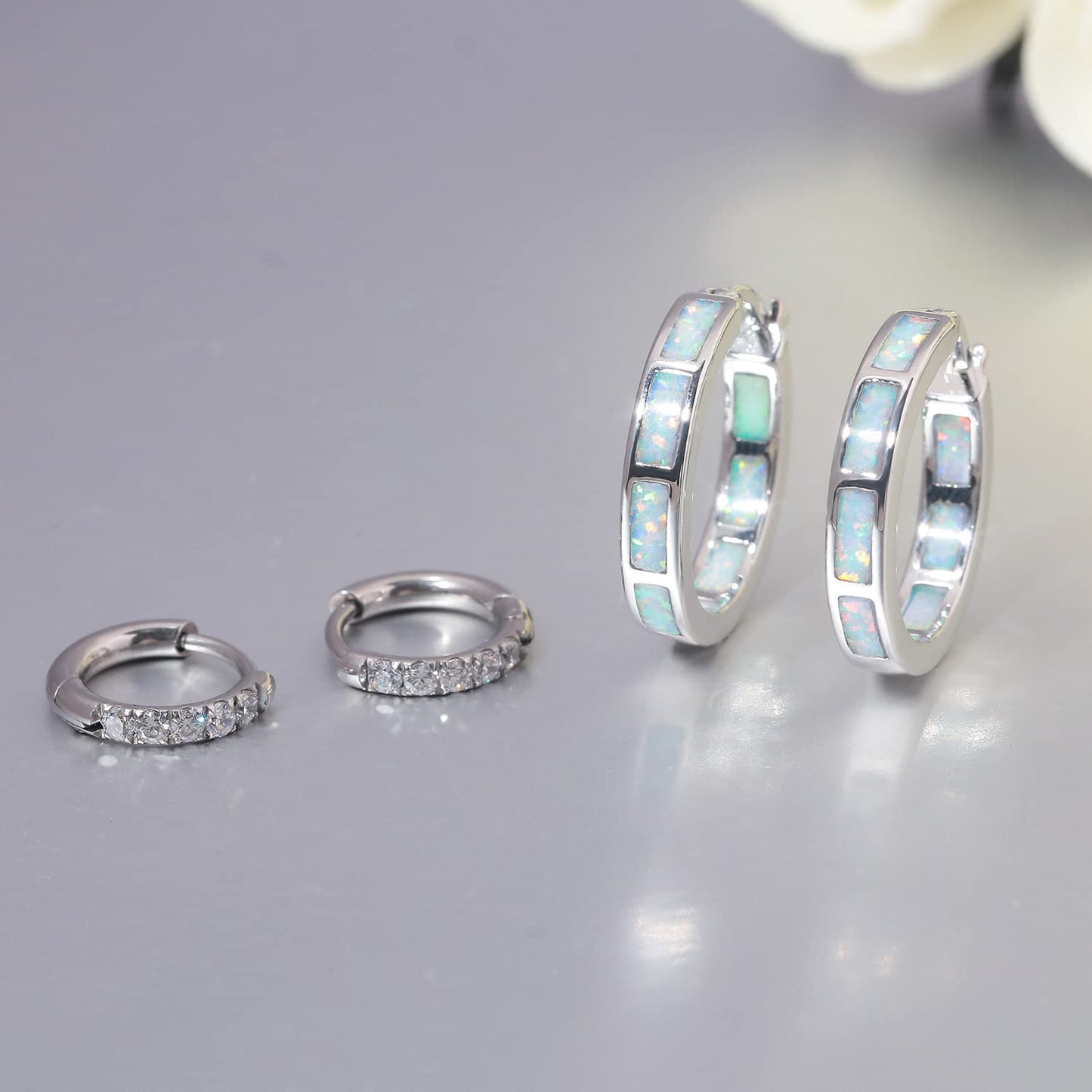 CiNily 2 Pairs Hoop Earring Set for Women Silver Plated Opal Small Hoop Earring Hypoallergenic Cubic Zirconia Tiny Earrings