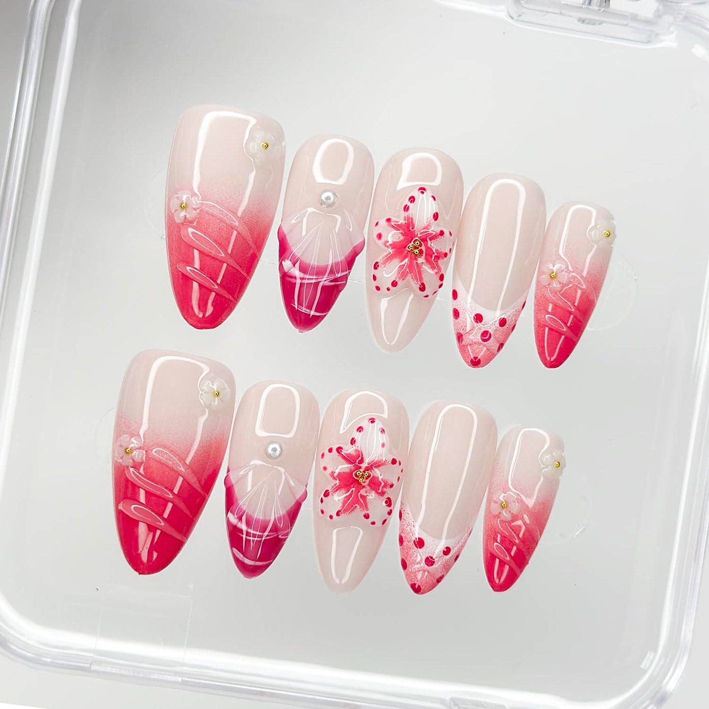 Luxury Press on Nails Medium Almond Handmade 3D Unique Reusable ABS Material Fake Nails Pink False Nails with Designs Floral Art Petal Glossy Glue on Nails Thick Acrylic Nails(S)