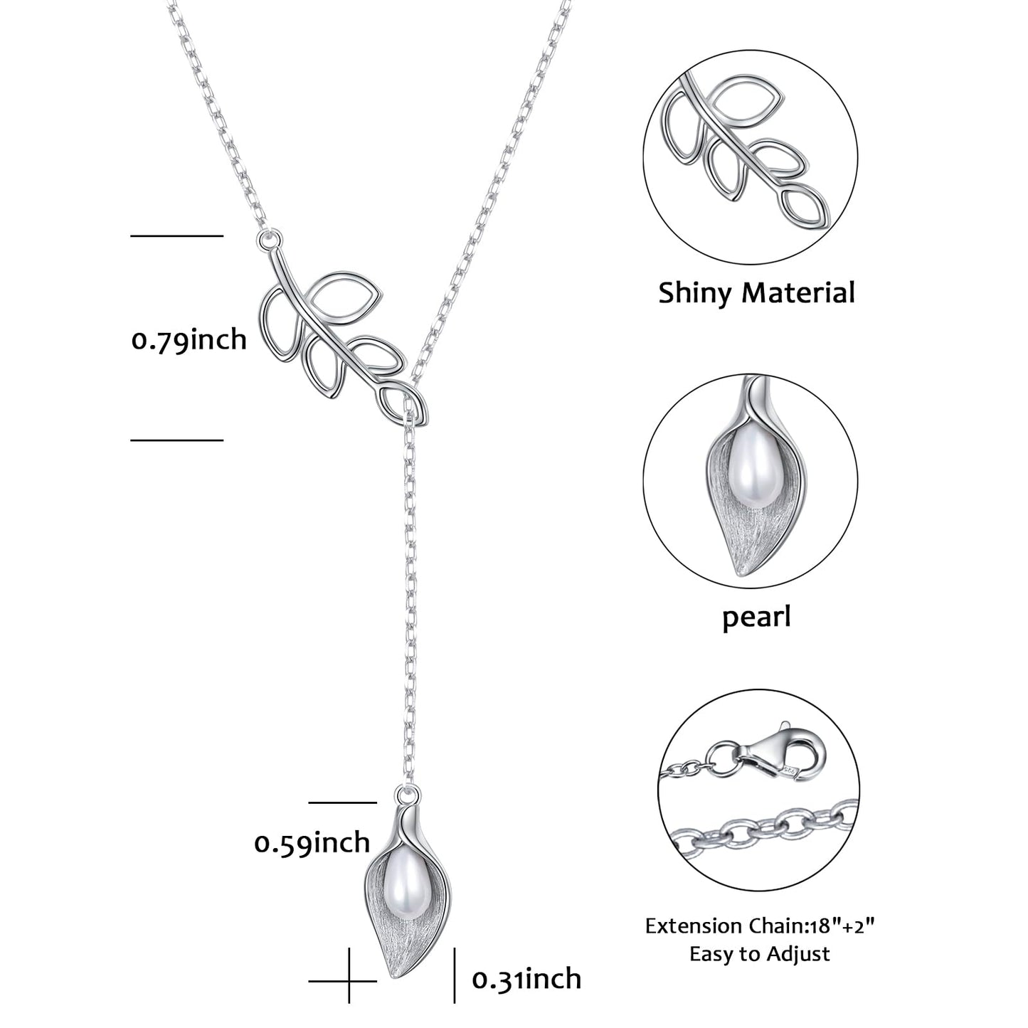 DAOCHONG Long Leaf Y Shaped Lariat Necklace Sterling Silver Calla Lily Long Chain Drop Adjustable Necklace Layered Necklace 30"