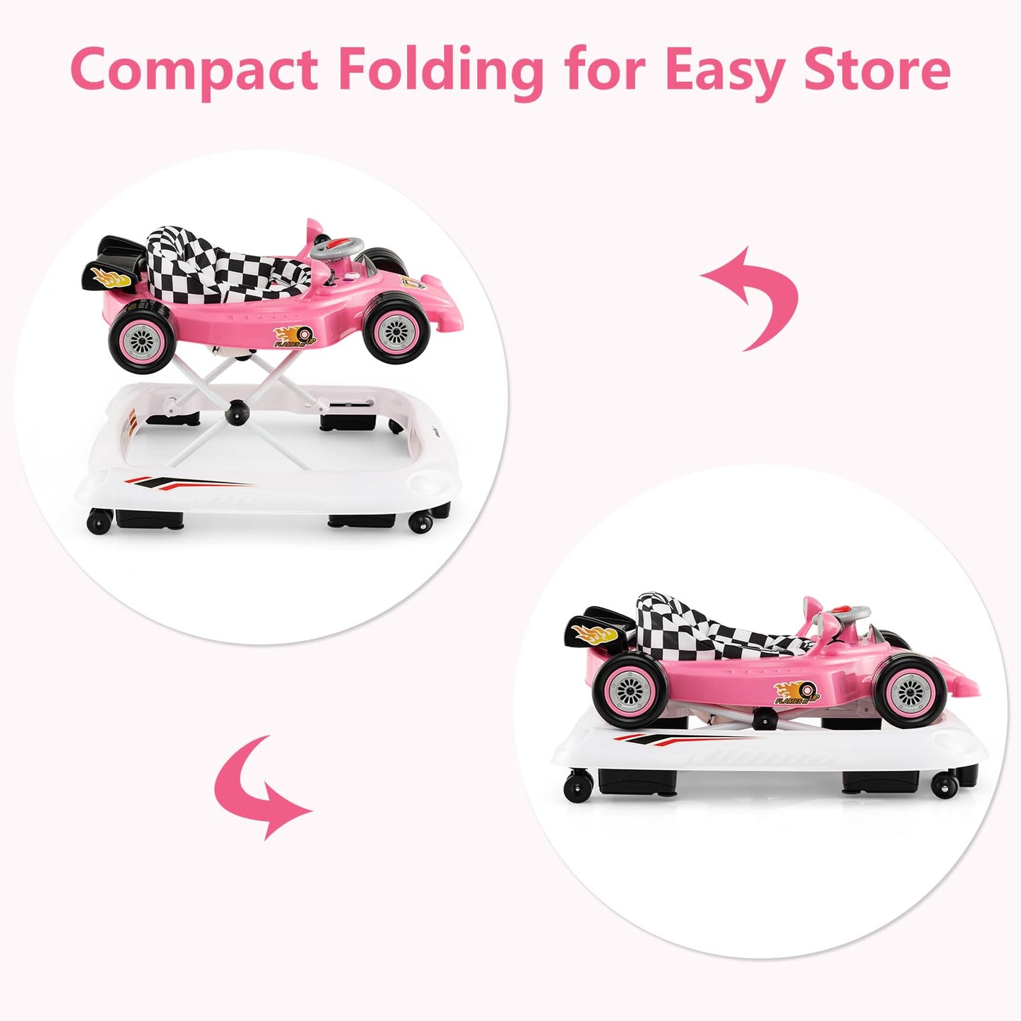 INFANS Foldable Baby Walker, 3 in 1 Toddler Activity Center Leaning-Seated Walk-Behind with Steering Wheel, Adjustable Height, Lights, Music, Washable Seat Cushion (Pink)