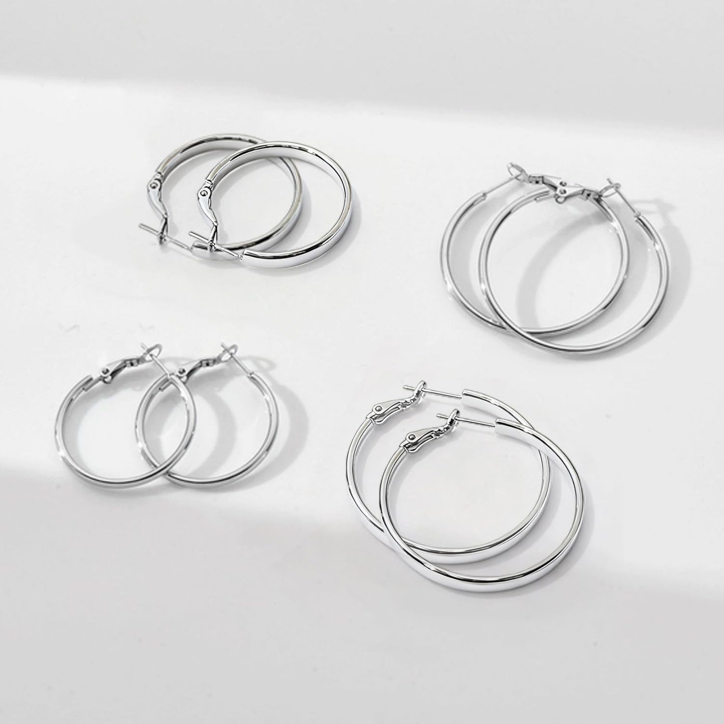 PICKBEAU Chunky Silver Hoop Earrings for Women | 14K Plated Hypoallergenic 4mm Wide & Thin Big Round Circle Hoops Stainless Steel Womens Dangle Earring Set (30/40mm)