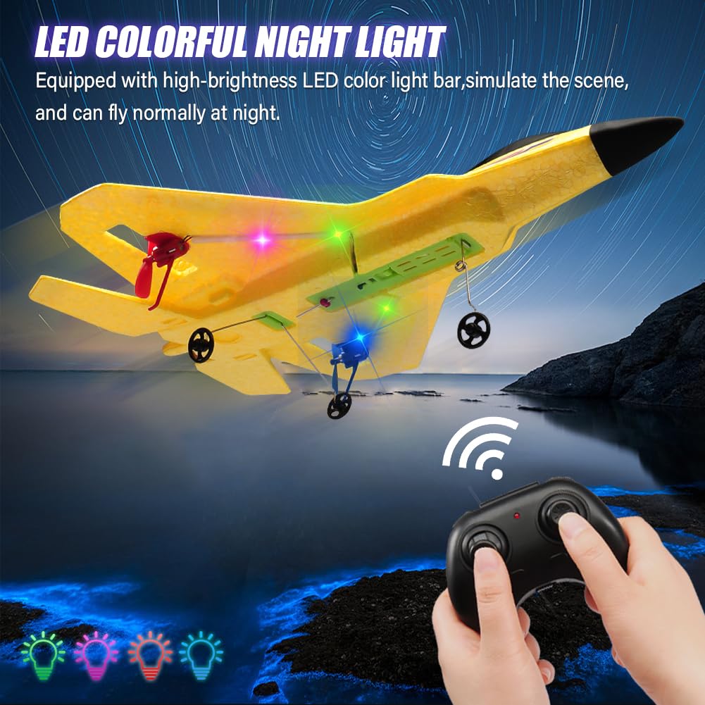 Fremego F22 RC Airplane 2.4GHz Remote Control Plane with Gyro Stabilizer, LED Lights & Dual Batteries, Easy Fly RC Glider for Kids Boys Adults Beginners(Yellow)