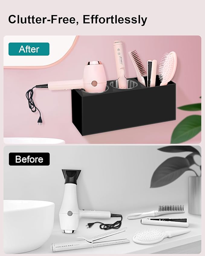 Hair Tool Organizer, Hair Dryer Holder with Heatproof Steel Cups, Acrylic Vanity Organizer for Curling Iron, Flat Iron & Hair Brushes, Perfect for Bathroom (Black, Standard)