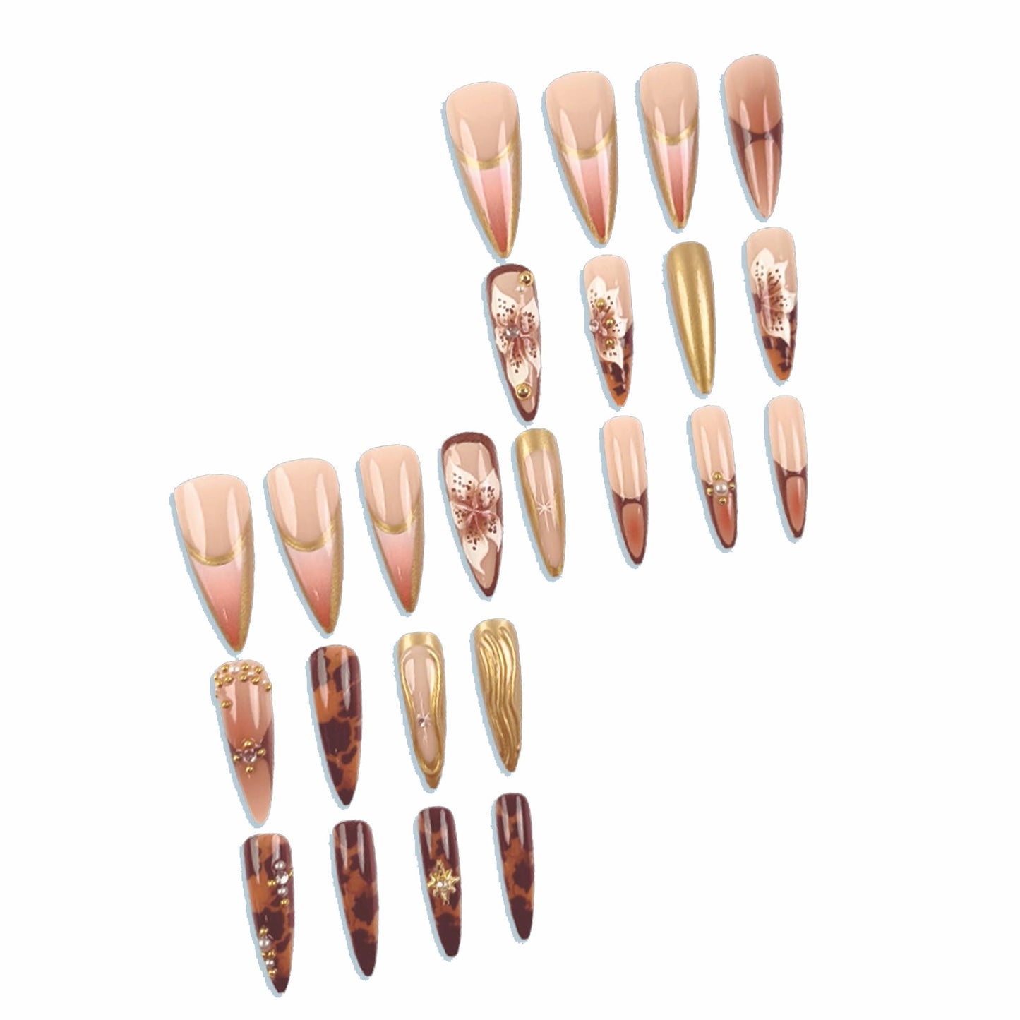 MERVF Long Stiletto Press on Nails Brown French Tip Fake Nails Almond Glue ons 3D Charms Flower, Leopard Design Acrylic Gold Manicure Glossy 24pcs