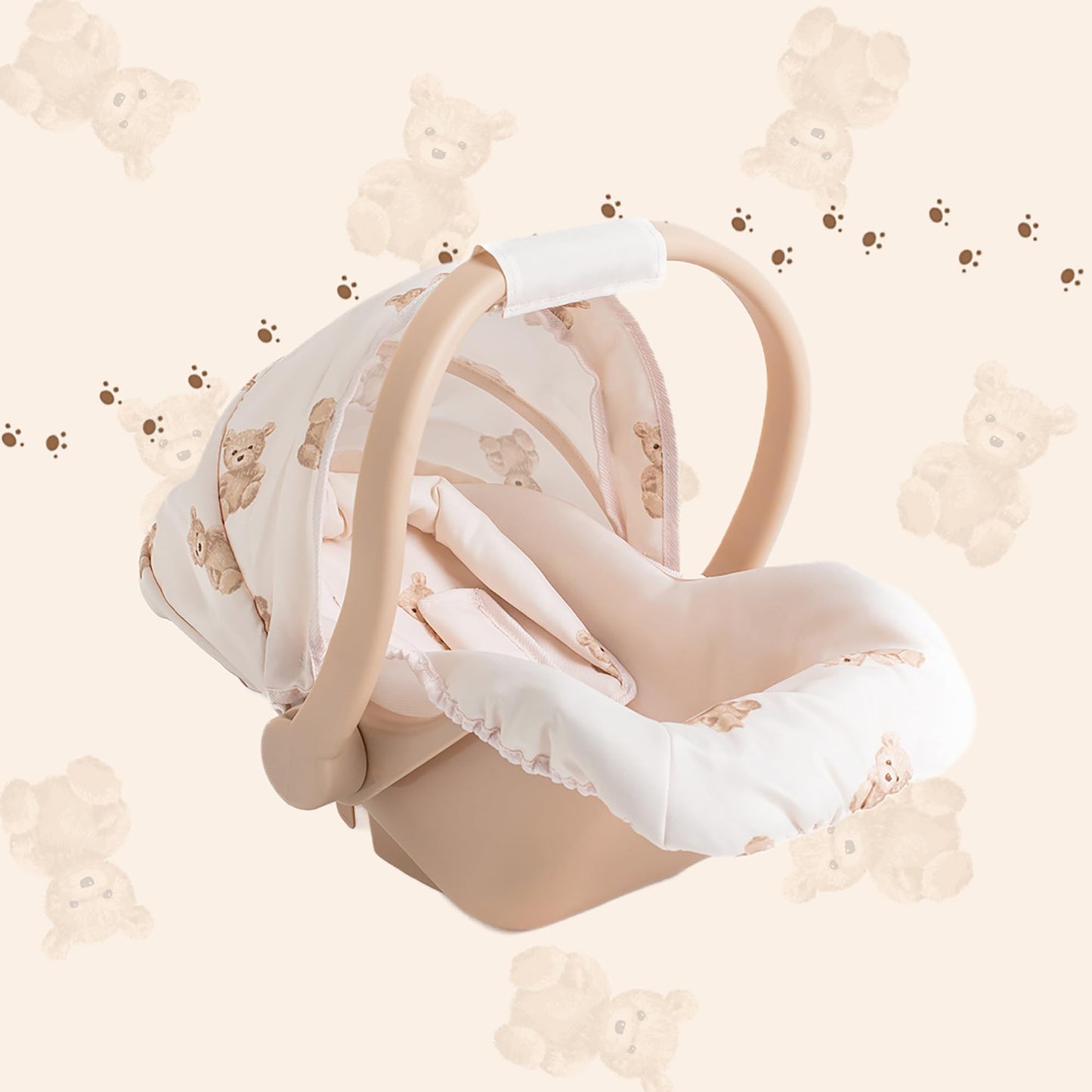 Roma Prams: Teddy Doll Car Seat - Beige-Cream-Bear, Carrier Travel Accessory, Adjustable Canopy & Handle, Roleplay Toy for Dolls Up to 16.5", Kids 3+