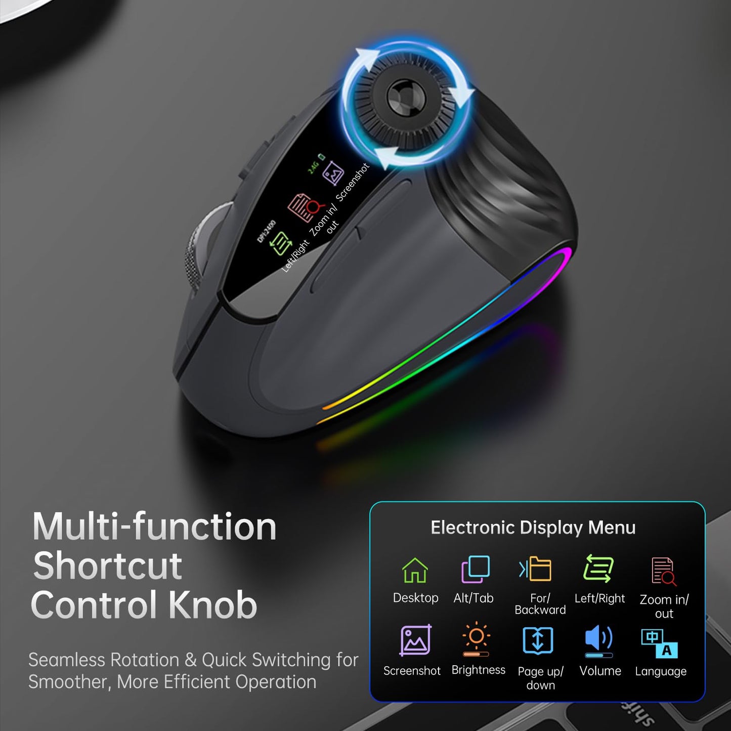 NYIEFADA Ergonomic Vertical Mouse Wireless, Rechargeable Bluetooth Ultra-Fast Scrolling 4800 DPI Ergo Mouse, 2.4G Quiet Clicks 6 Buttons RGB Optical Mice, 3 Multi-Device Connectivity for Mac, Laptop