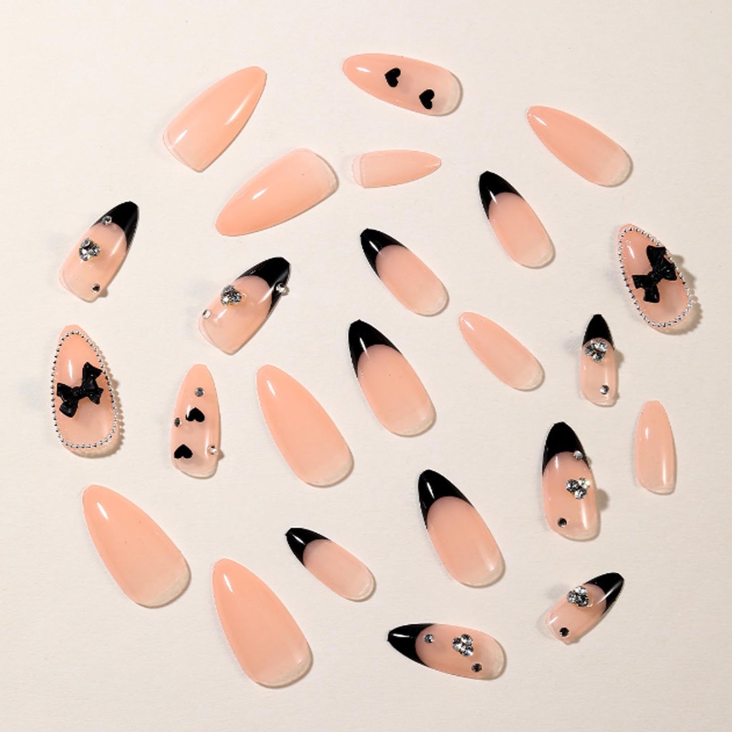 Hkanlre Medium Press on Nails Almond Tips Full Cover Fall Black False Nails Medium Nude Fake Nails for Women 24PCS