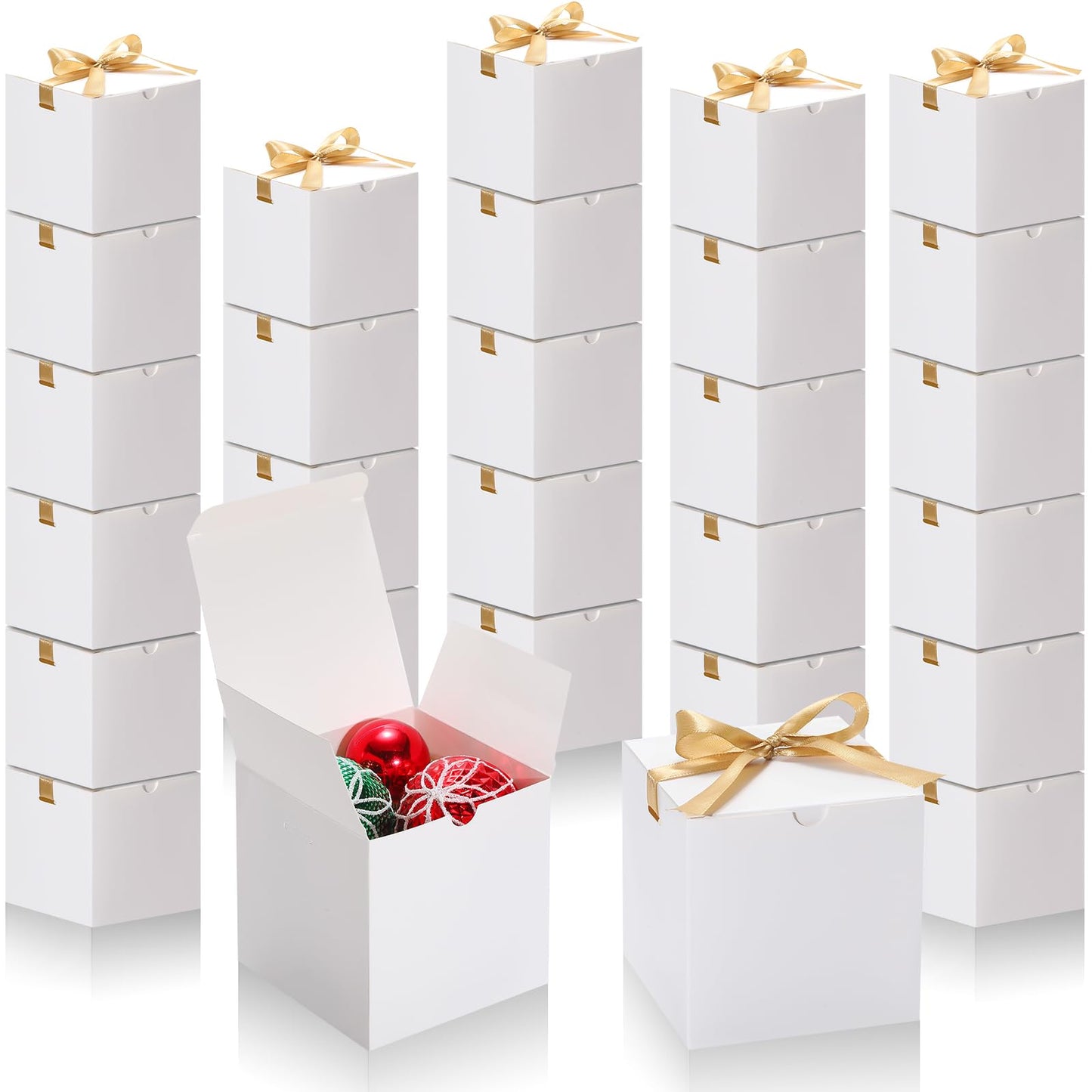 DOYIDE Small Gift Boxes, 60 Pcs 4x4x4 Inch White Elegant Paper Box with Ribbons, Party Favor Boxes for Candy Cupcake Christmas Wedding Baby Shower Bridesmaids Birthday