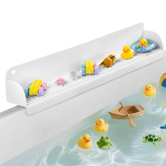 AGPTEK 24 Inch Bathtub Splash Guard with 10 Suction Cups, Silicone Tub Water Splash Guard for Bathtub, Bath Toy Tray Holder Play Shelf for Kids, Universal for Bathroom, Kitchen Sink (White)