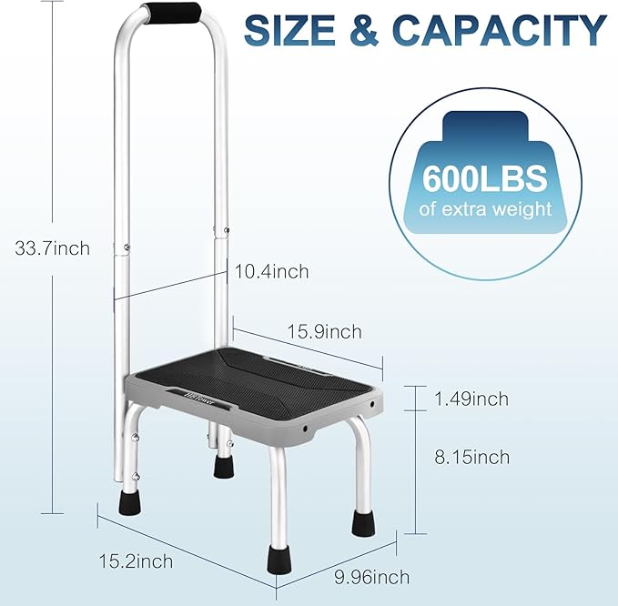 HBTower Aluminum Step Stool with Handle for Elderly, Lightweight Step Stools for Adults Seniors with Non-Slip Rubber Feet, Stepping Stools for Bedroom Kitchen Bathroom, Bed Steps for High Beds