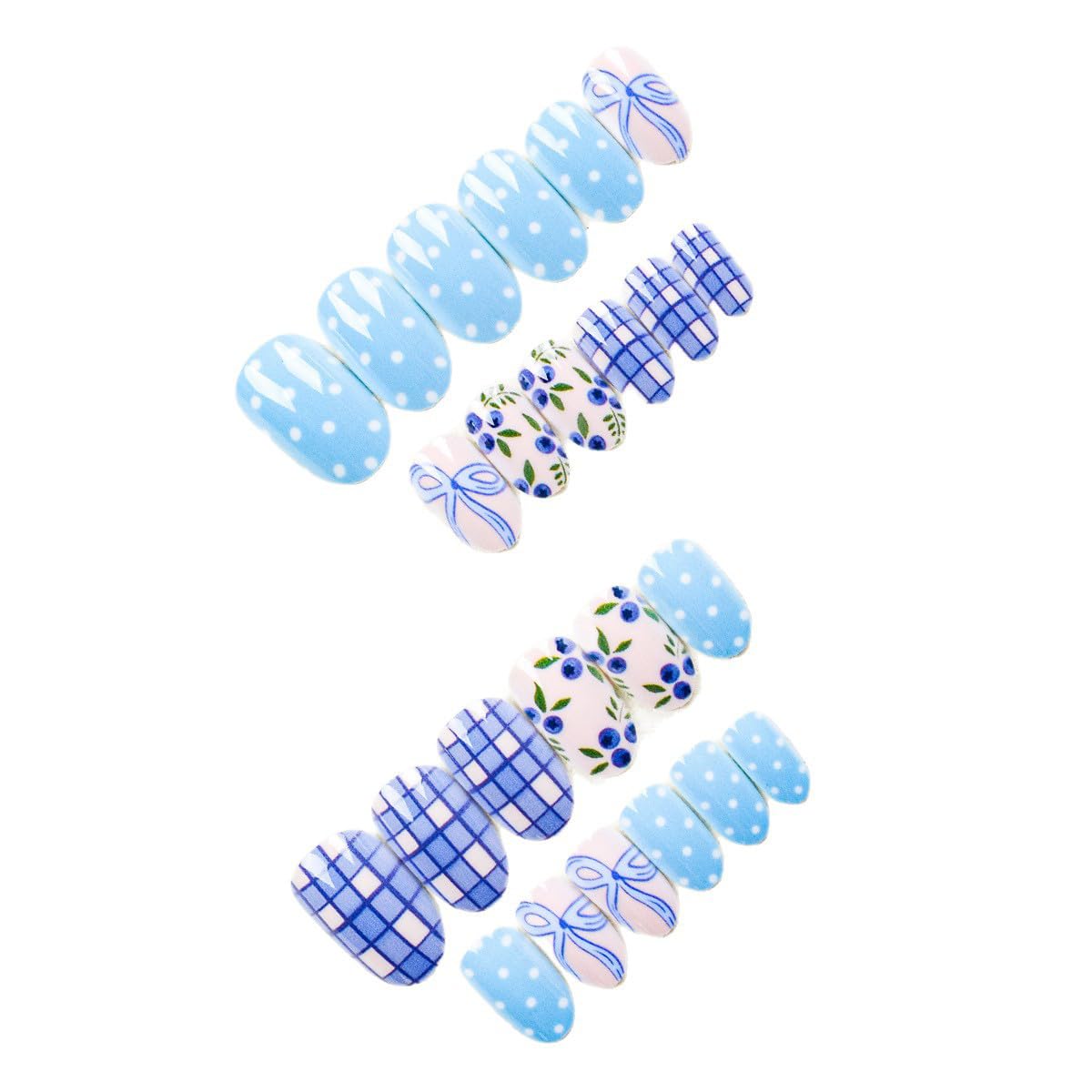24Pcs Blue Press on Nails Short Almond - Cute Blueberry Bow Fake Nails with Plaid Polka Dot Design Glossy Spring Summer False Nails for Women DIY Manicure Reusable Stick on Nails Acrylic Nail Tips