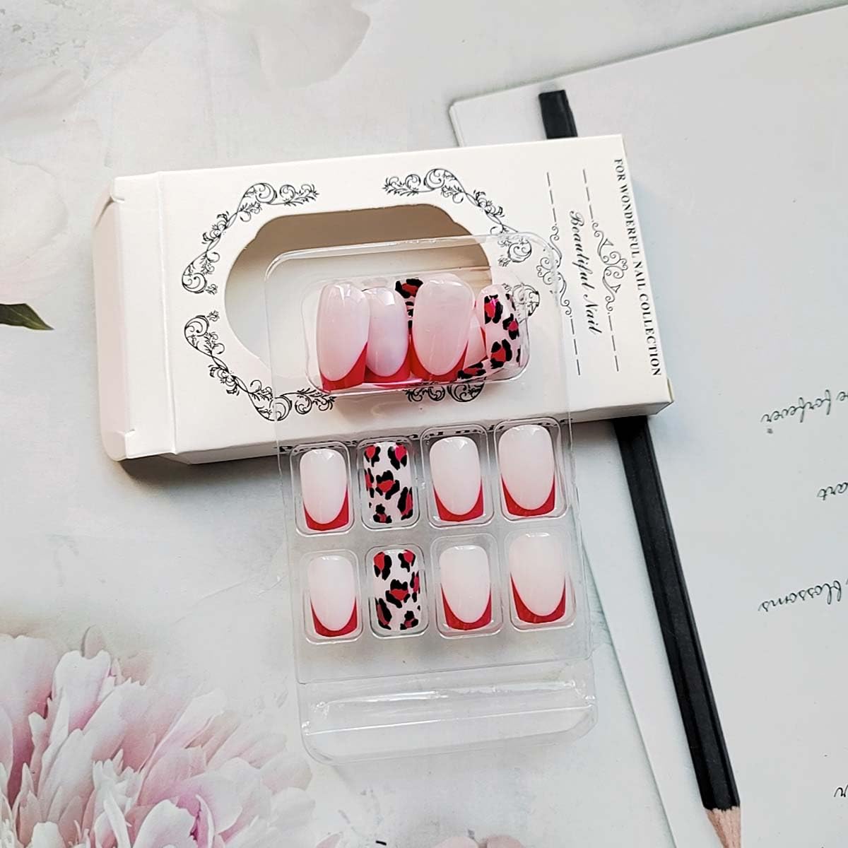 24 Pcs Hot Pink Press on Nails Medium Square Leopard French Fake Nails Press ons Nail Tips, LINMEIZAI Glossy Stick on Nails Acrylic Nail Kit with French Y2K Style Design False Nails Nail Art for Women