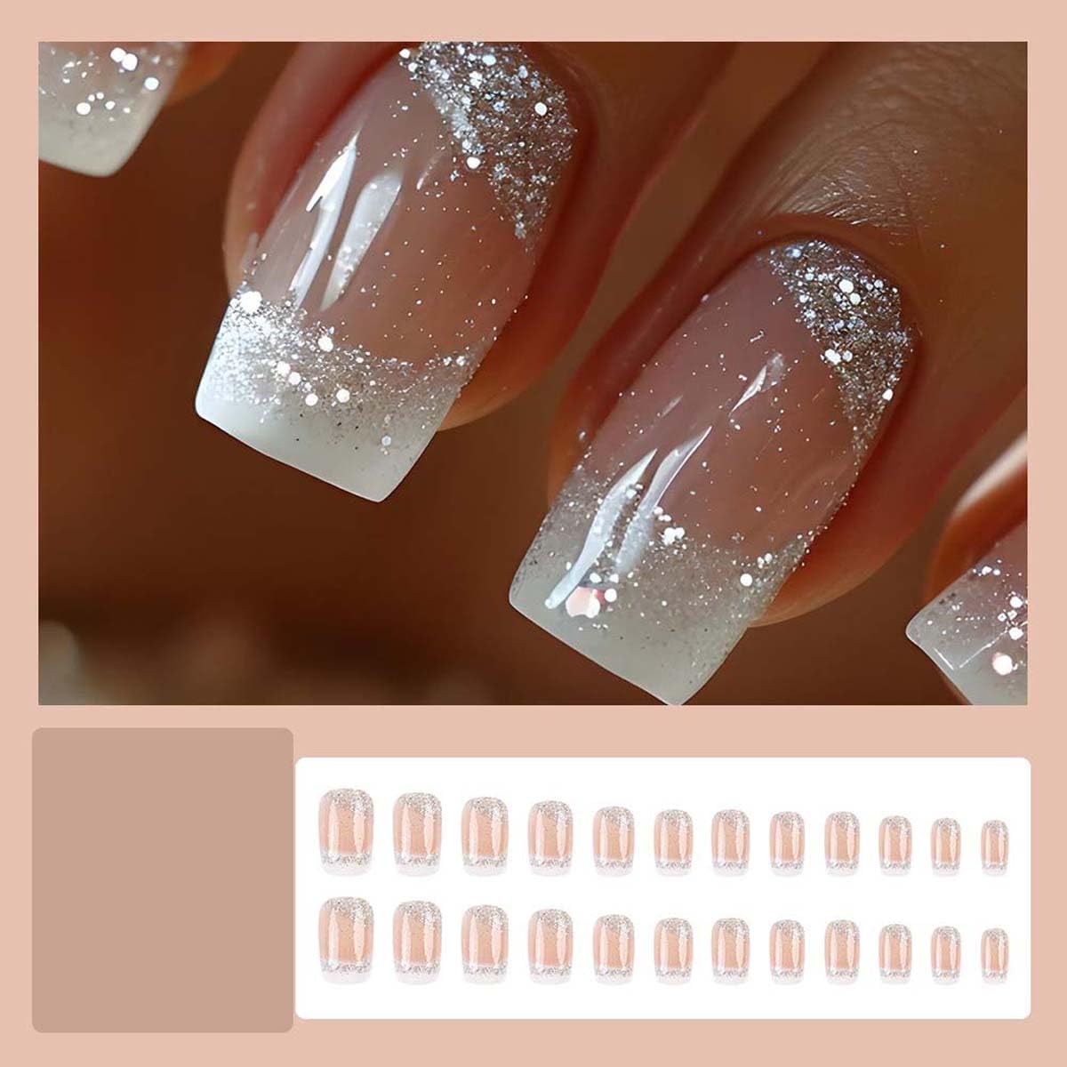 French Tip Press on Nails Medium Square Fake Nails Press ons Nail Tips, LINMEIZAI 24 Pcs Glitter Glossy Stick on Nails Sliver Acrylic Nail Kit with Sparkly White Design False Nails Nail Art for Women