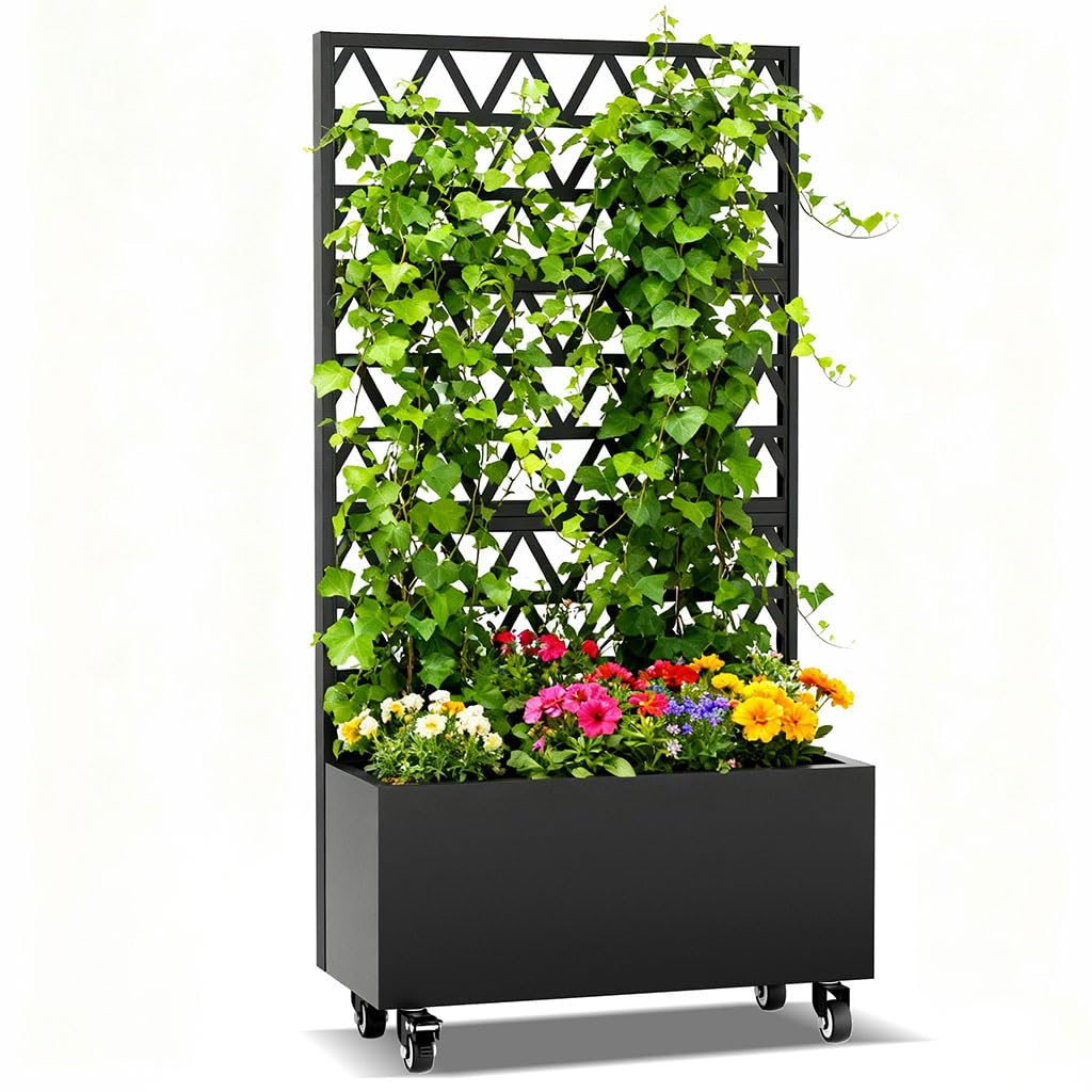 Metal Planter Box with Trellis and Wheels, 72" Raised Garden Bed with Drainage Holes, Privacy Screen, Lockable Casters, Galvanized Carbon Steel Planter for Climbing Plants, Vines, Vegetables, Flowers
