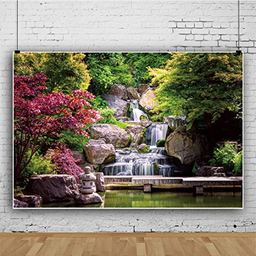 10x7ft Japan Garden Landscape Backdrop Waterfall Backdrop Maple Trees Bridge Kyoto Garden Travel Scenery Photography Background Japanese Backdrops for Photoshoot - size: 10x7ft