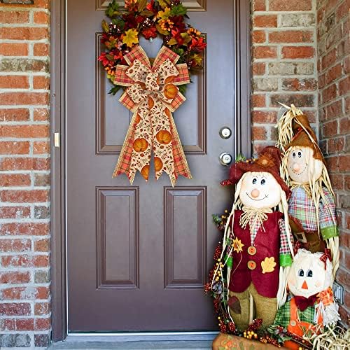 Large Fall Bows for Wreath, Thanksgiving Pumpkin Leaves Wreath Bows Orange Buffalo Plaid Bows for Front Door, Farmhouse Ornament Burlap Tree Topper Bows for Fall Indoor Outdoor Decoration