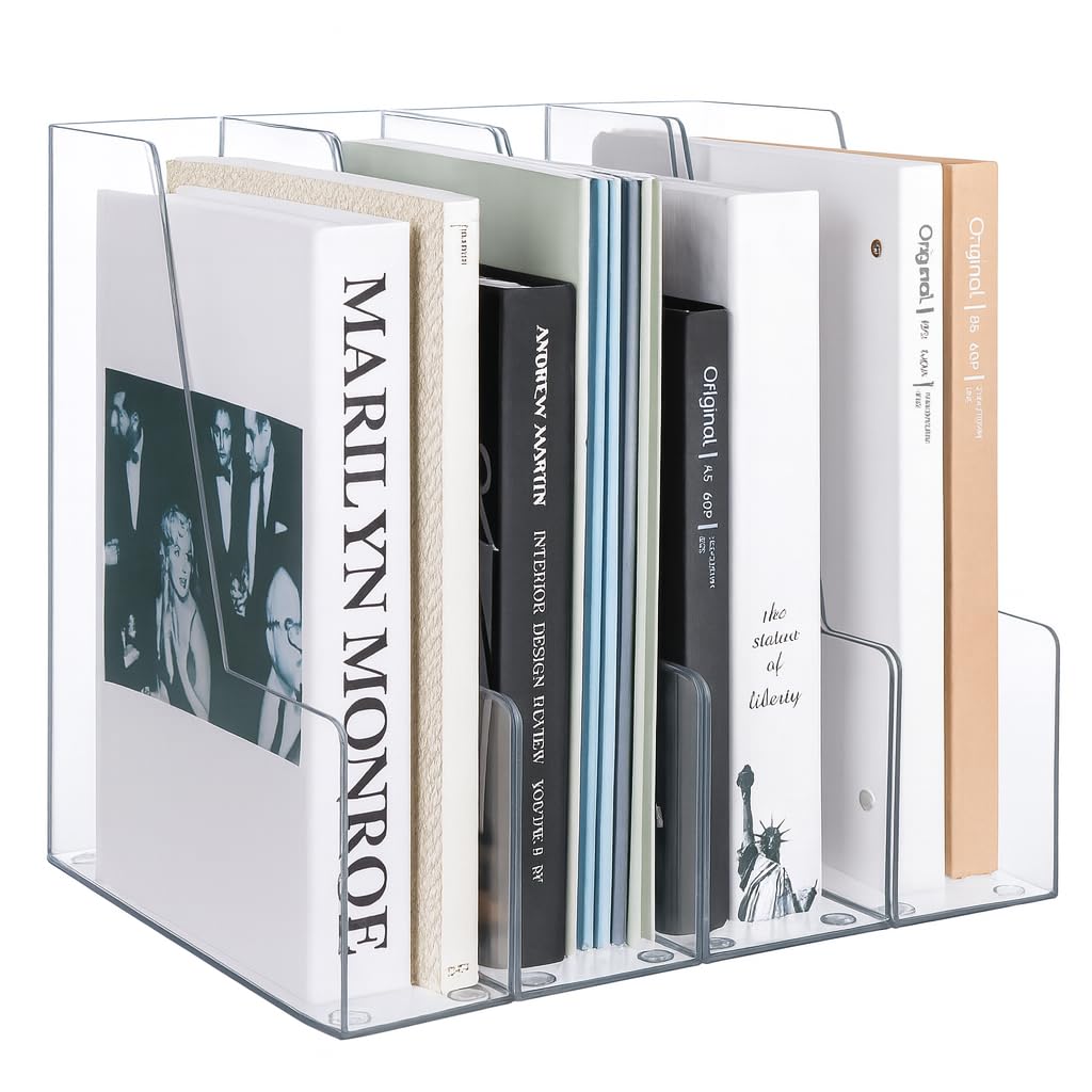 Vertical Magazine File Holder, Clear File Organizer Desk Organizer and Storage Bins Holding for Magazines, Binders, Notebooks, Envelopes, Plastic Office Organization and Storage for Desk, 4 pack
