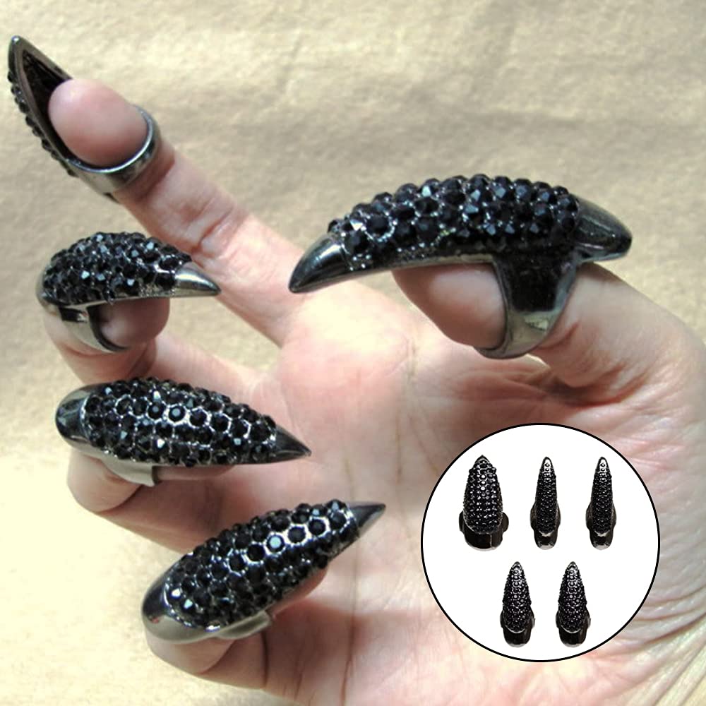 10PCS Halloween Costume Claws,Fake Nails Ring Set, Gothic Punk Crystal Full Finger Rings Paved Paw Bend Fingertip Fingernail Claw Girls Women Men Ring False Easy Long Nails Black(3 Sizes)